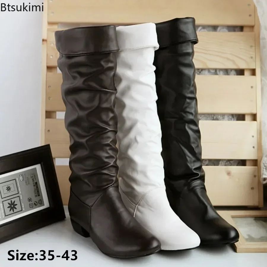 

New 2025 Women's Knee High Boots Round Toe Solid Pleated Autumn Winter Low Heels Boots Female Casual All Match Warm Soft Booties