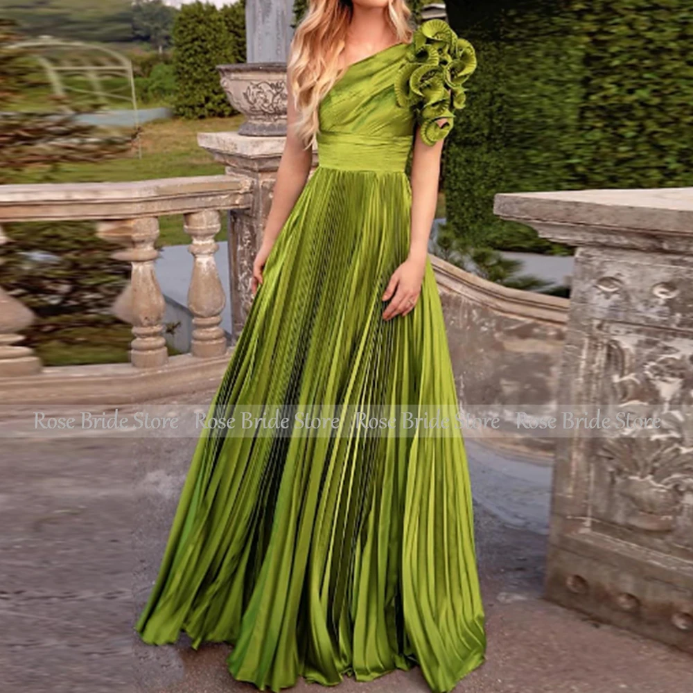 Elegant Special Occasion Dresses Green Satin Ruffles Pleat Ruched A-line One-shoulder Long Dresses Bespoke Occasion Gown