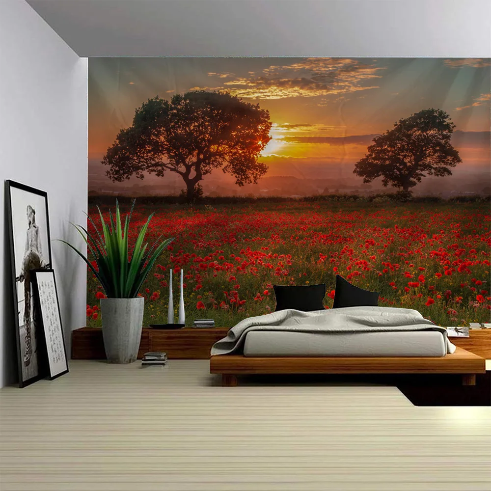 Forest grassland landscape tapestry wall hanging home decoration living room bedroom, polyester fabric printed background cloth