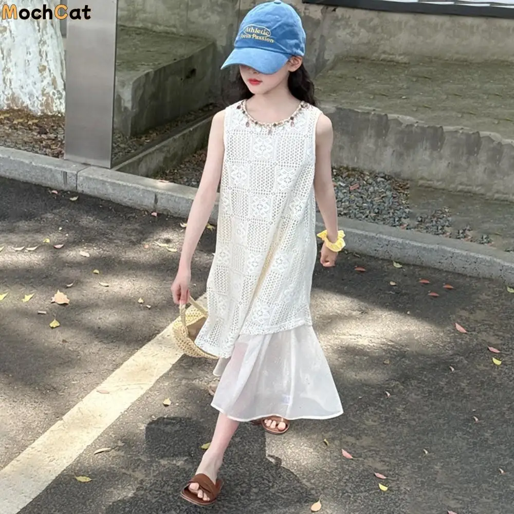

Round Neck Kids Bohemian Shell Dress Sleeveless Princess Children Beach Long Skirt Long Lace Girls Patchwork Dress Spring Summer