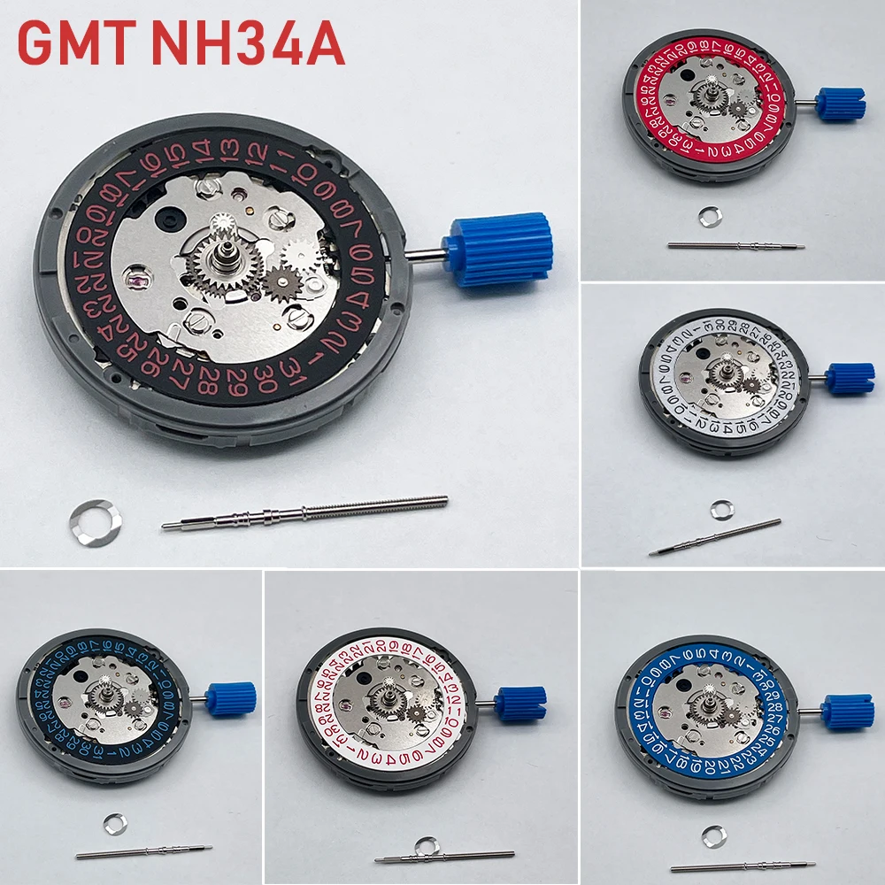 Genuine Japan NH34 GMT Mechanical Movement Mod Color Disc/Datewheel 3.0/3.8 O\'Clock High Accuracy 24 Jewels NH34A Red/Blue/Black