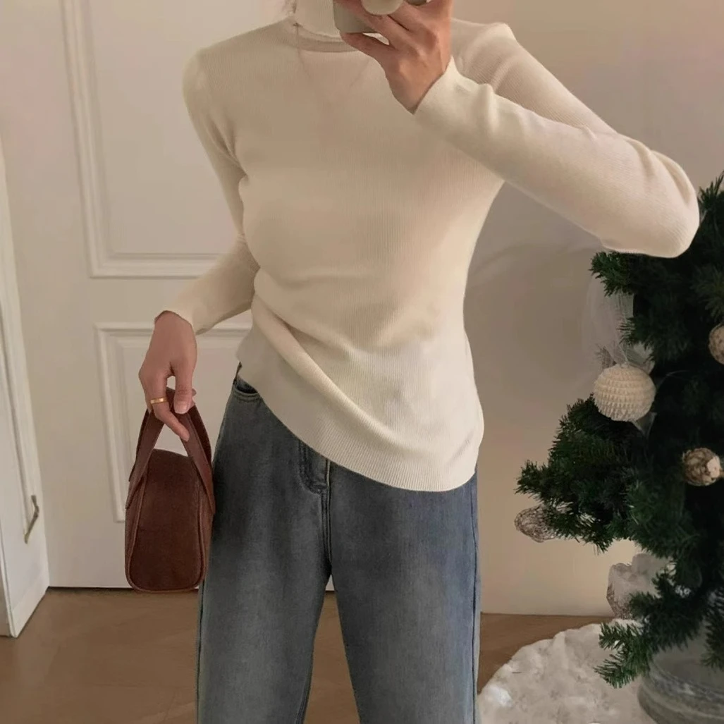 

Korean solid high neck base shirt for women 2025 autumn new style slim fit and slimming basic versatile long sleeved knitwear