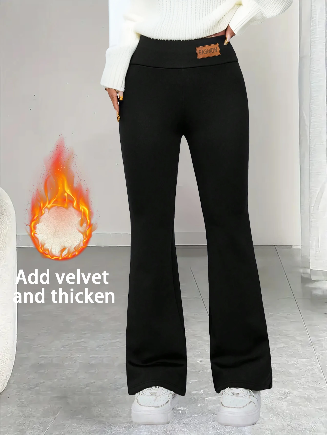 بنطال حراري نسائي، كامل الطول، مضيئة، حذاء برقبة واسعة، طراز Y2K قديم، مبطن بالصوف، عالي الخصر، مريح