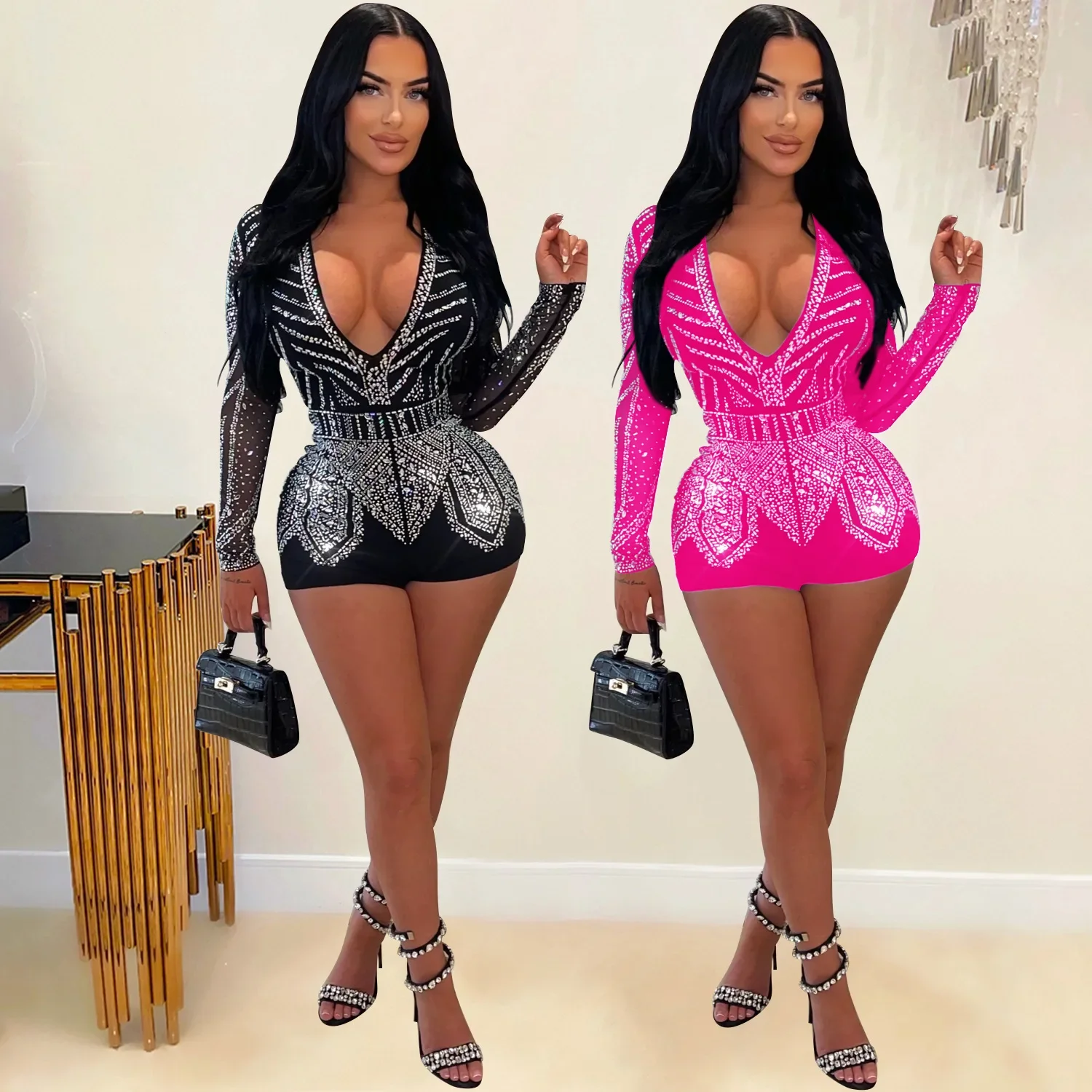 Z2078 New Summer Women's Clothing Sexy Tight Long Sleeve Rhinestone Jumpsuit For Nightclub Women's Fashion Cross-border Design