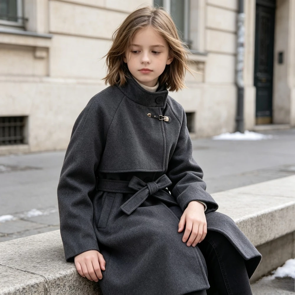 Girls Woolen Trench Coat with Cape Design Stand Collar Belted Long Overcoat Kids Elegant Winter Outerwear for Girls 2026 New
