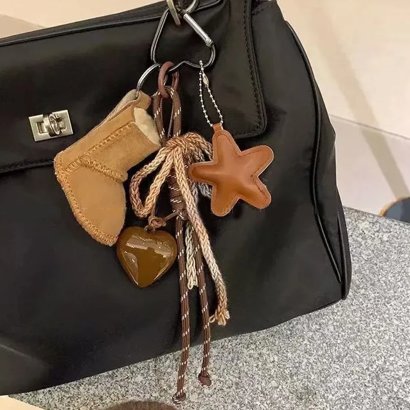 PU Leather Star Keychain Pentagram Car Keyring with Woven Acrylic Heart Snow Boots Pendant Creative Bag Charms