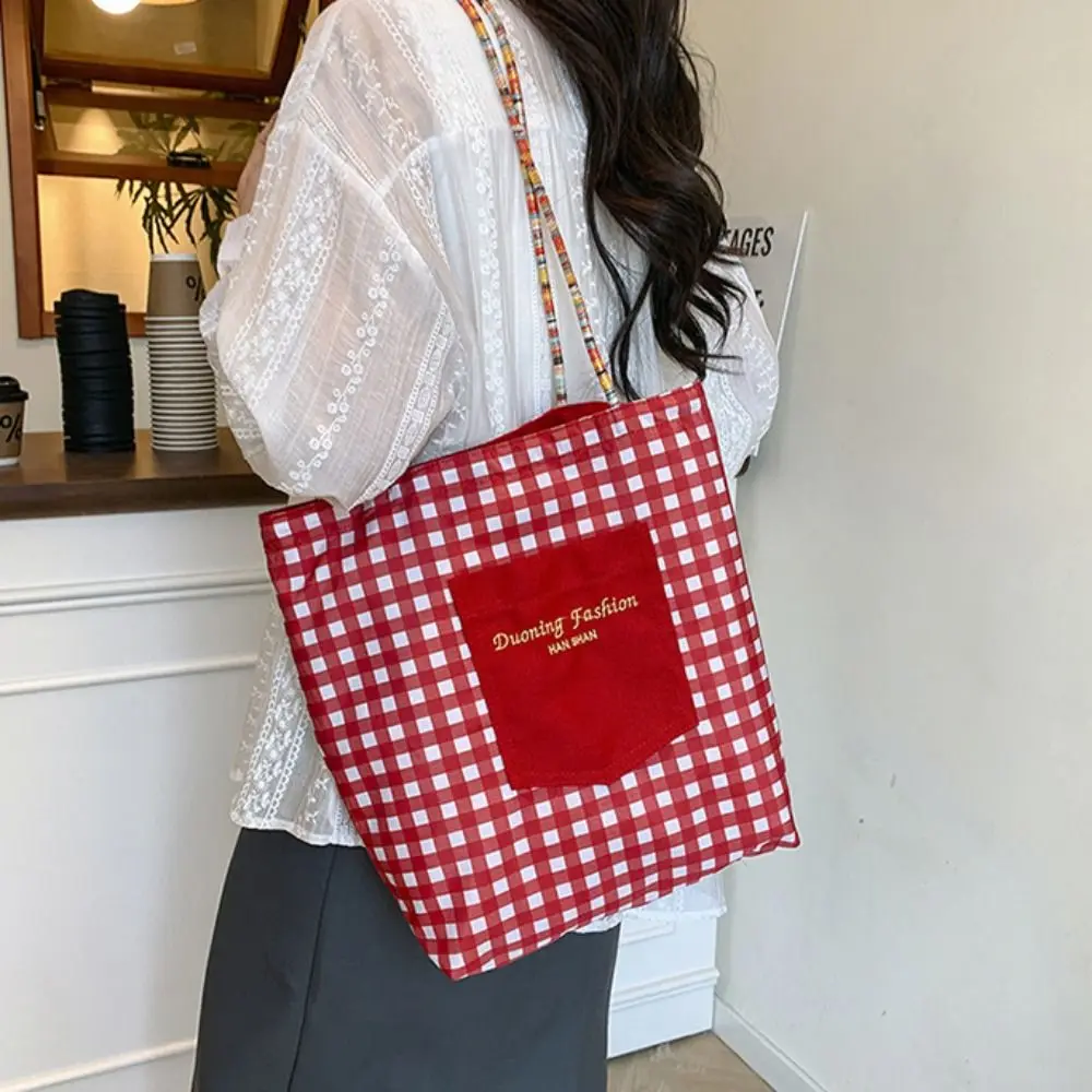 

Casual Sweet Double Sided Plaid Vest Bag Lattice Japanese Style Denim Shoulder Bag Cloth Leisure Canvas Tote Bag Travel