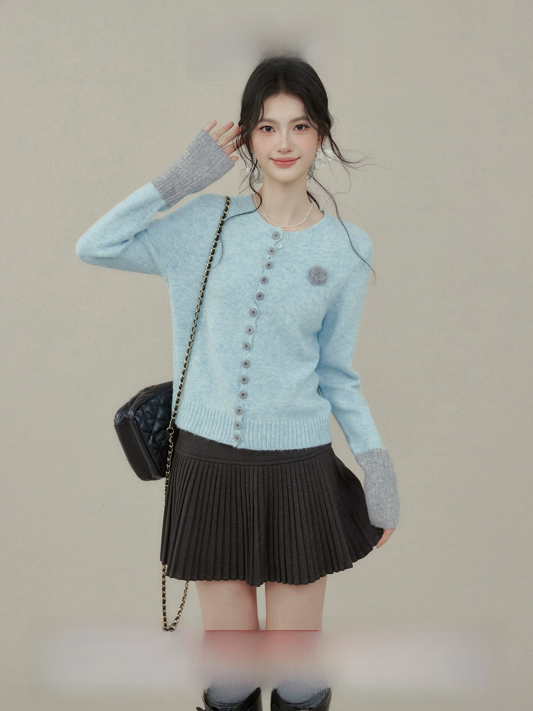 

Ouyang Xi Late Wind Knitting Dr Blue Long Sve круглый Ne женский вязаный кардиган с дизайном осень новый Sle