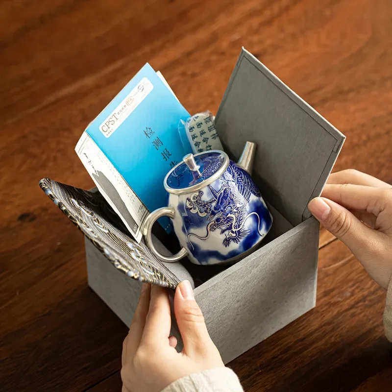 Dehua Blue and White Porcelain Kung Fu Tea Set Handmade Ceramic Teapot with Silver Accent Traditional Rock Tea Ware for Home