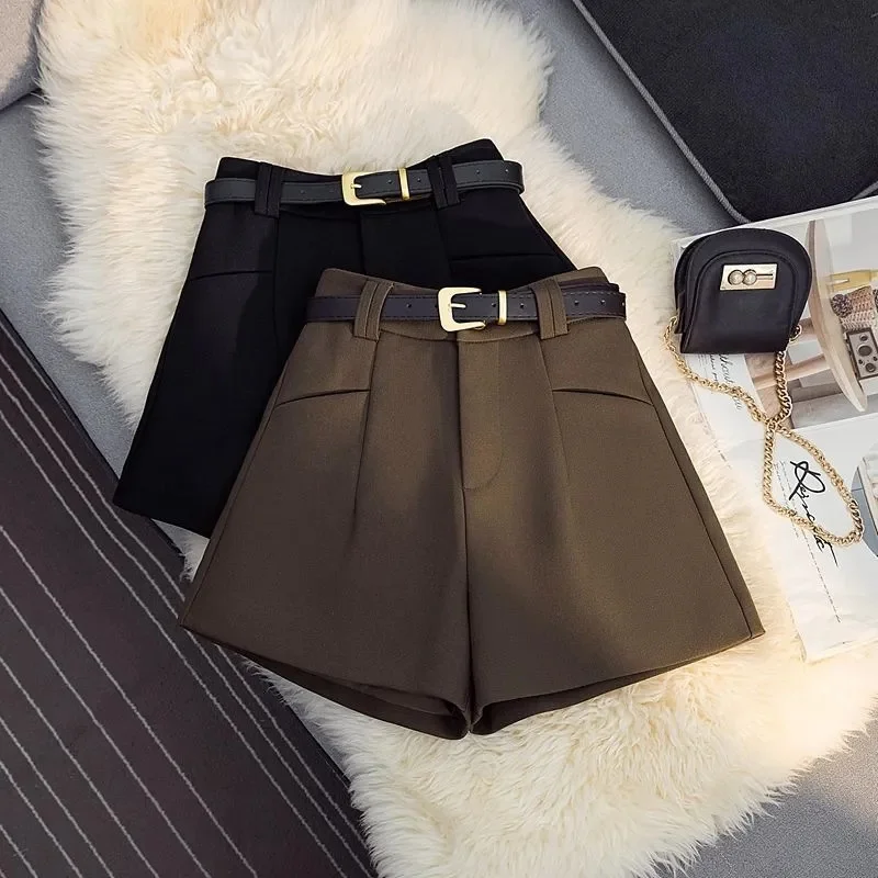 Women New Fashion Trousers Korean Female High Waist Woolen Shorts Autumn Winter Ladies Leisure A-line Wide Leg Boots Pantalons