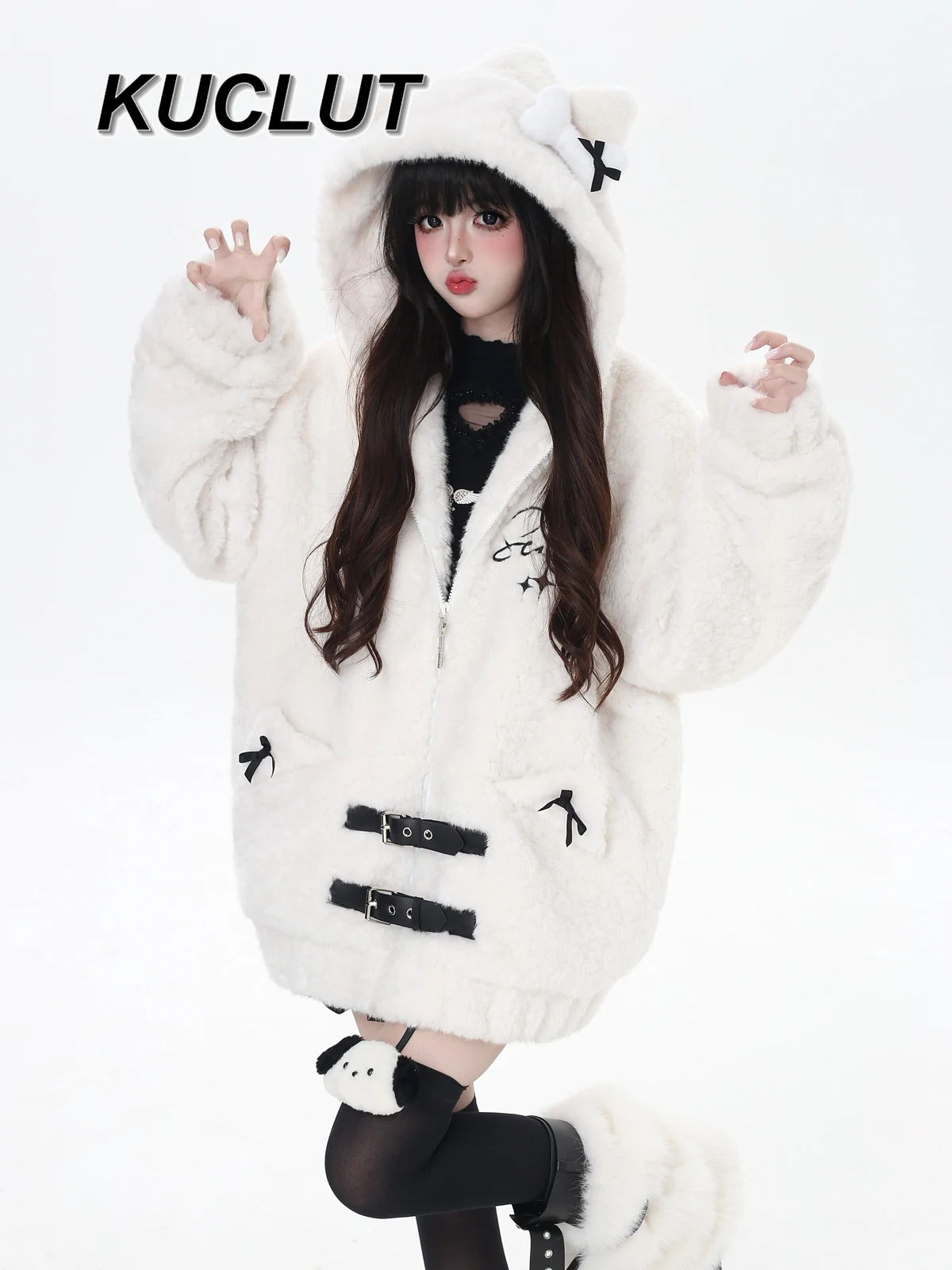 النمط الياباني معاطف فضفاضة للنساء الشتاء الأصلي المطرزة صوف الضأن معطف مقنع تنوعا الصوف مبطن سترات دافئة