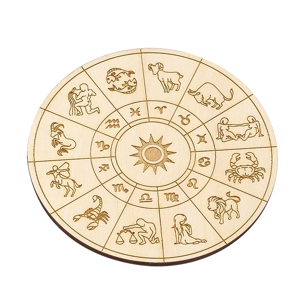 10cm Laser Carving Zodiac Signs Sagittarius Leo Sun Round Wood Coasters Mugs Cup Mats Pads Tarot Cards Wiccan Divination Plank