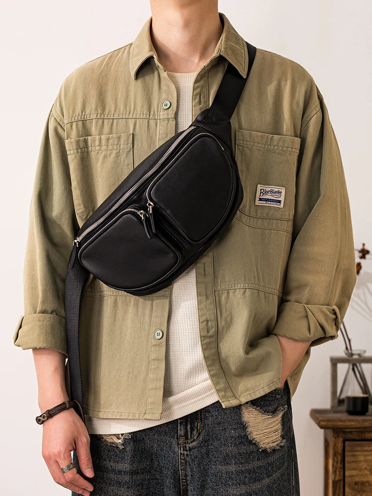 outdoor travel sports luxury first layer cowhide men's black multi-pocket chest bag casual genuine leather riding crossbody bag