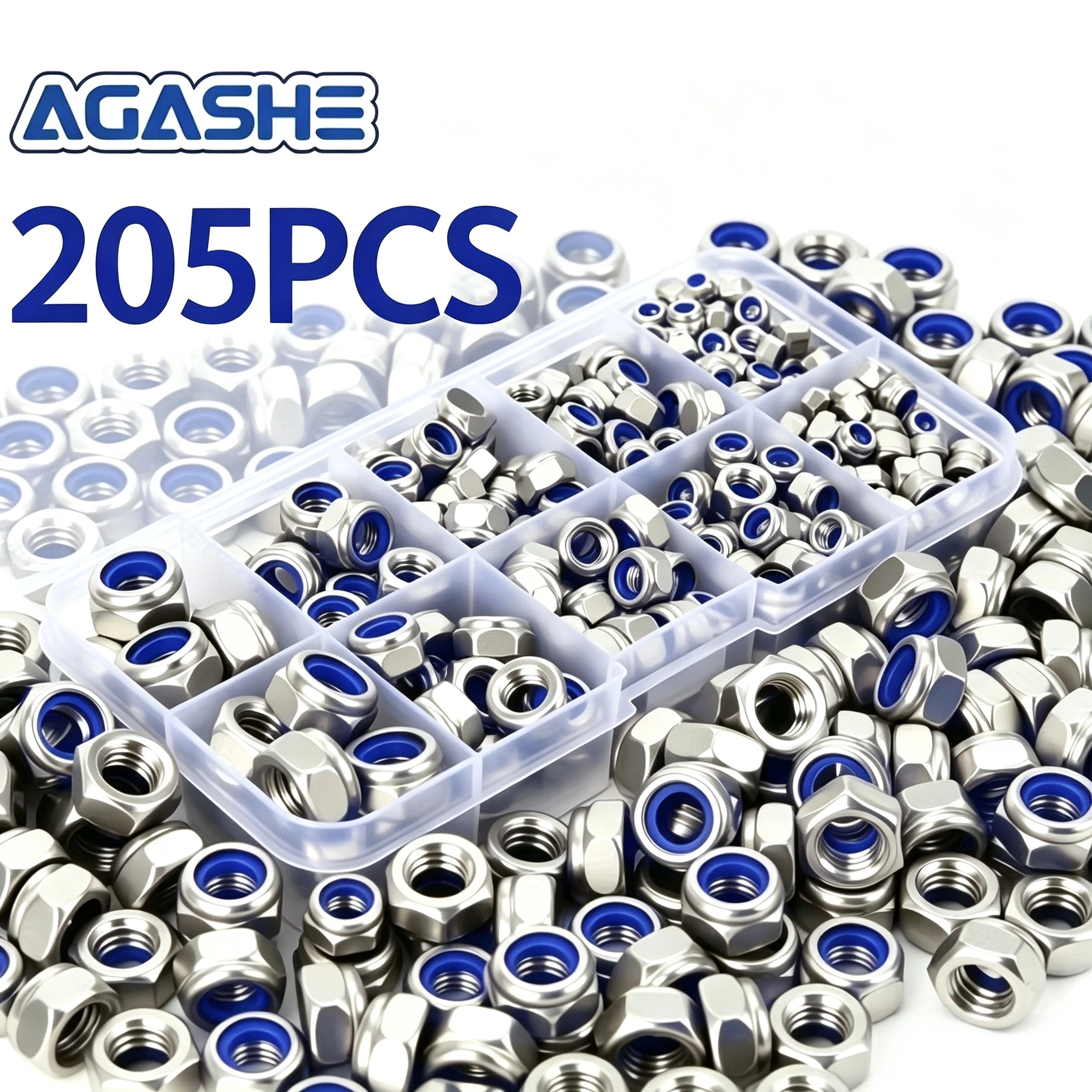 205 Pcs Stainless Steel Hex Self-Locking Nuts, Nylon Insert Anti Slip Lock Nuts M3-M8 Assortment Set, Hardware Fasteners for Ind
