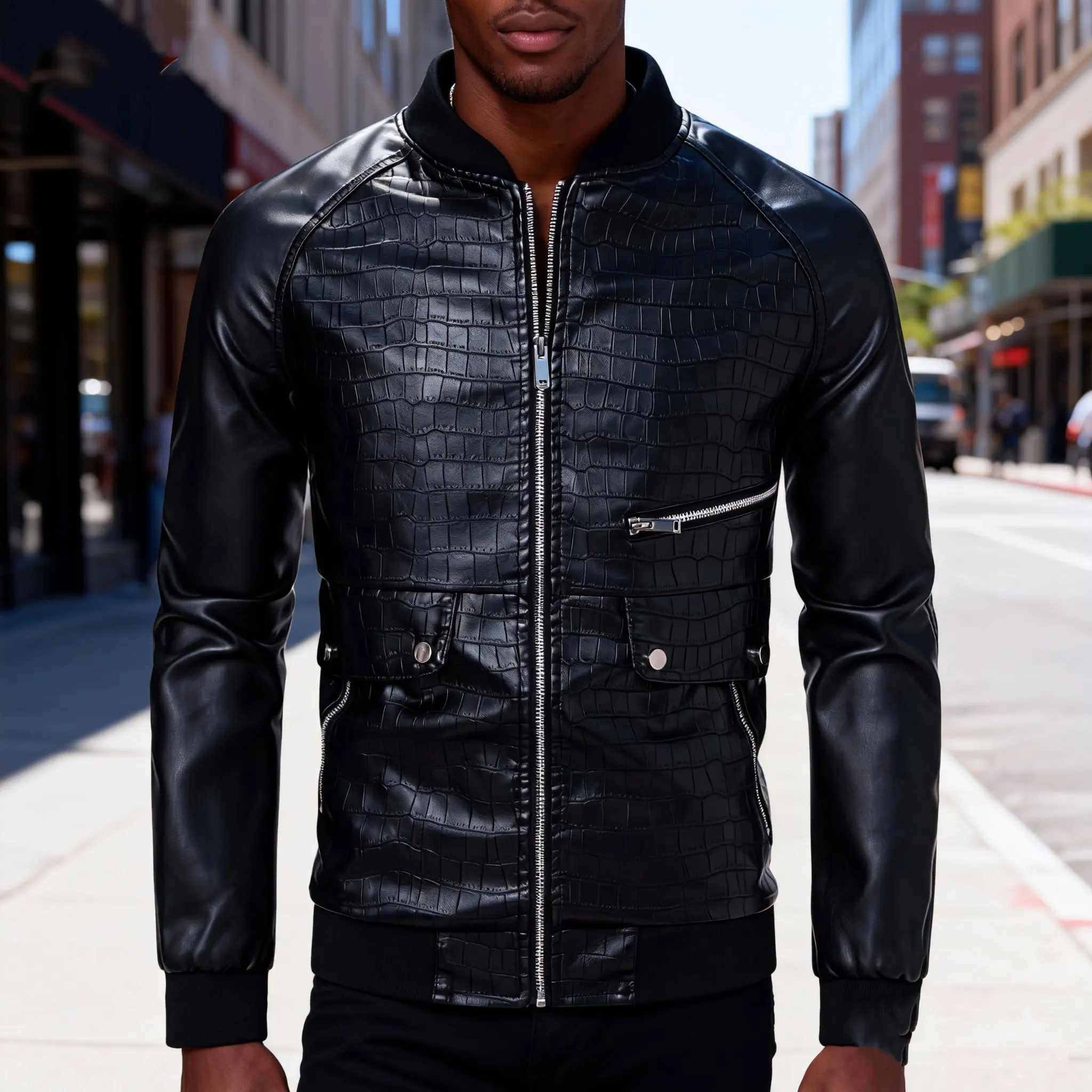 

Men's Casual Lightweight Faux Leather Jacket Stand-Up Collar Zippered Motorcycle Outerwear Plaid
