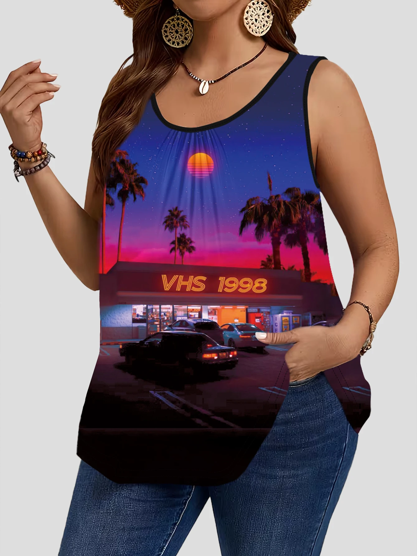3-Piece Set of Plus-Size Sleeveless Vests｜Vintage Cyber Cyberpunk Palm Tree Sunset Highway Landscape Print Loose-Fitting, Flesh-Covering, Round-Neck Casual Outerwear Top 5