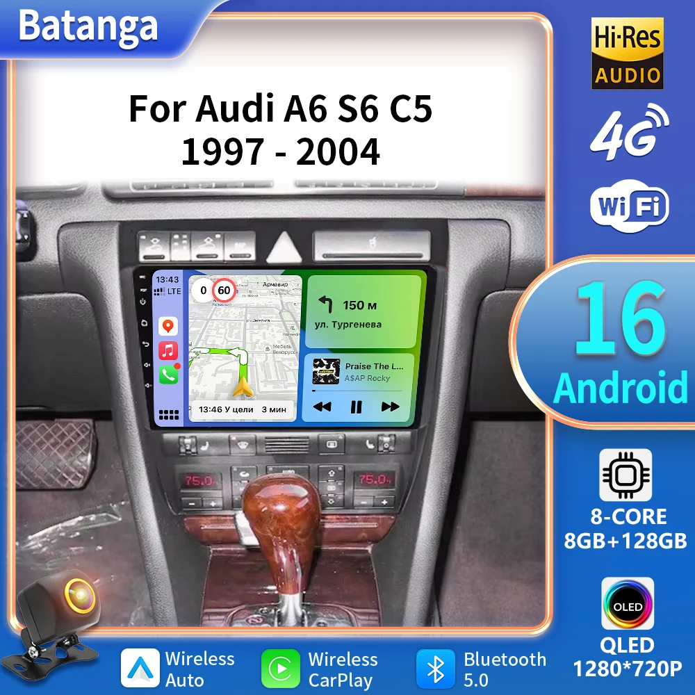 Batanga Android 16 For Audi A6 C5 1997-2004 S6 RS6 Car Radio 2 Din Multimedia WIFI Carplay QLED Headunit Audio Stereo Auto DVD