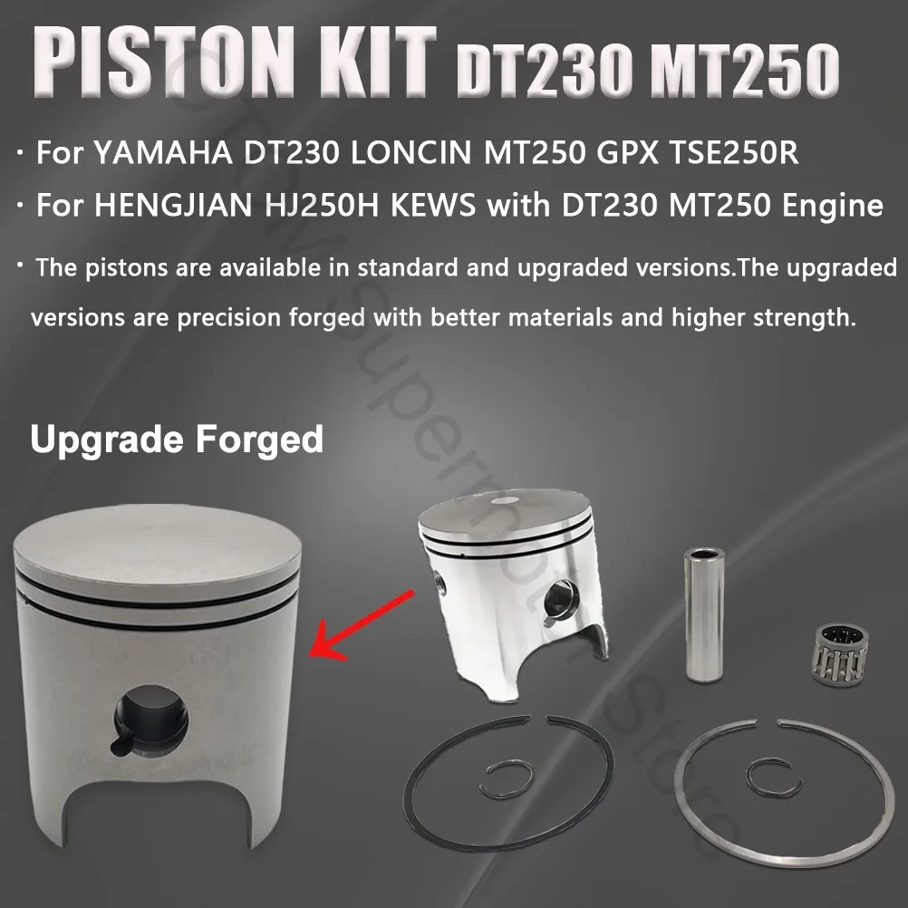 

Оригинальный кованый улучшенный поршень DT230 MT250 TSE250 с поршневым пальцем, кольцами и подшипником для мотоциклов YAMAHA LONCIN HENGJIAN HJ250H KEWS GPX