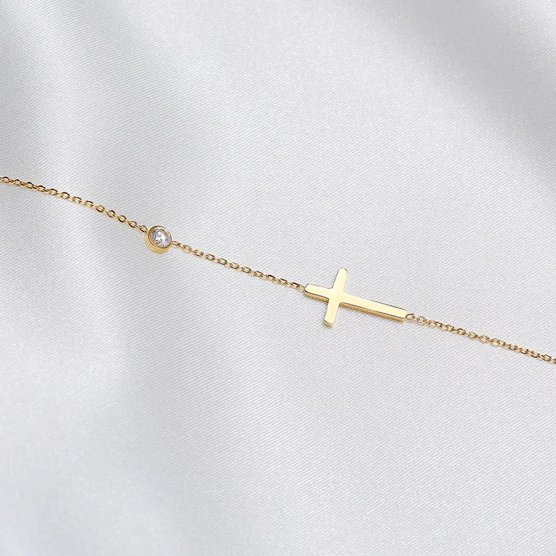 Sideways Cross Necklaces for Women Girls Jewelry, Dainty Gold Color Stainless Steel Simple Choker Collar Fashion Gift for Her