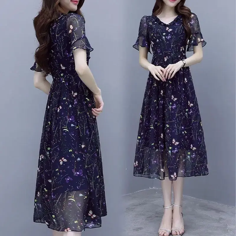 Vintage Printed Bandage Butterfly Sleeve Chiffon Floral Dress Women\'s Clothing 2024 Summer New Commute Midi Dress