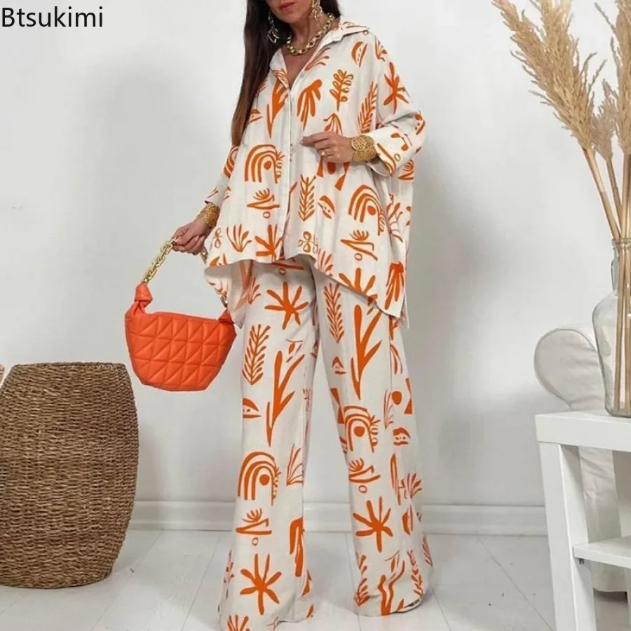 2024 Women\'s Fashion Casual 2PCS Sets Loose Wide Legs Trousers and Long Sleeve Shirts Female Two Piece Suits Sets Vacation Beach