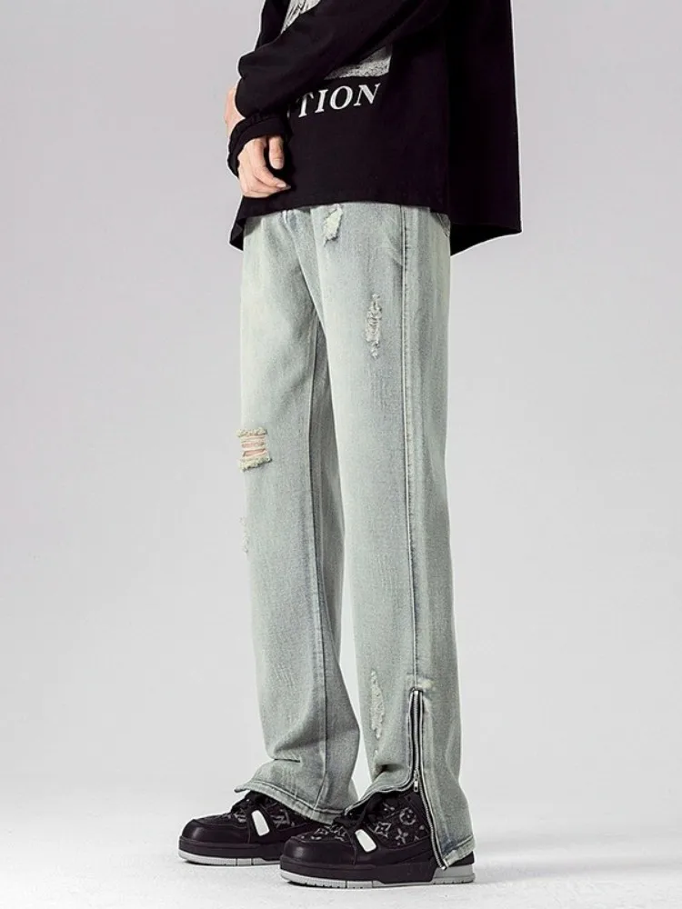 

Летние тонкие мужские джинсы Slim Fit в американском стиле, рваные прямые брюки в стиле High Street, модный дизайн, повседневные брюки на молнии