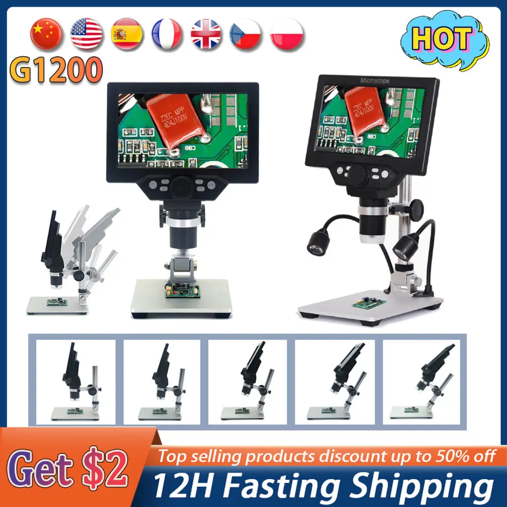 G1200 G1600 Digital Electronic Microscope 1-1600X Amplification Magnifier Microscopes Digital Microscopio Trinocular Continuous