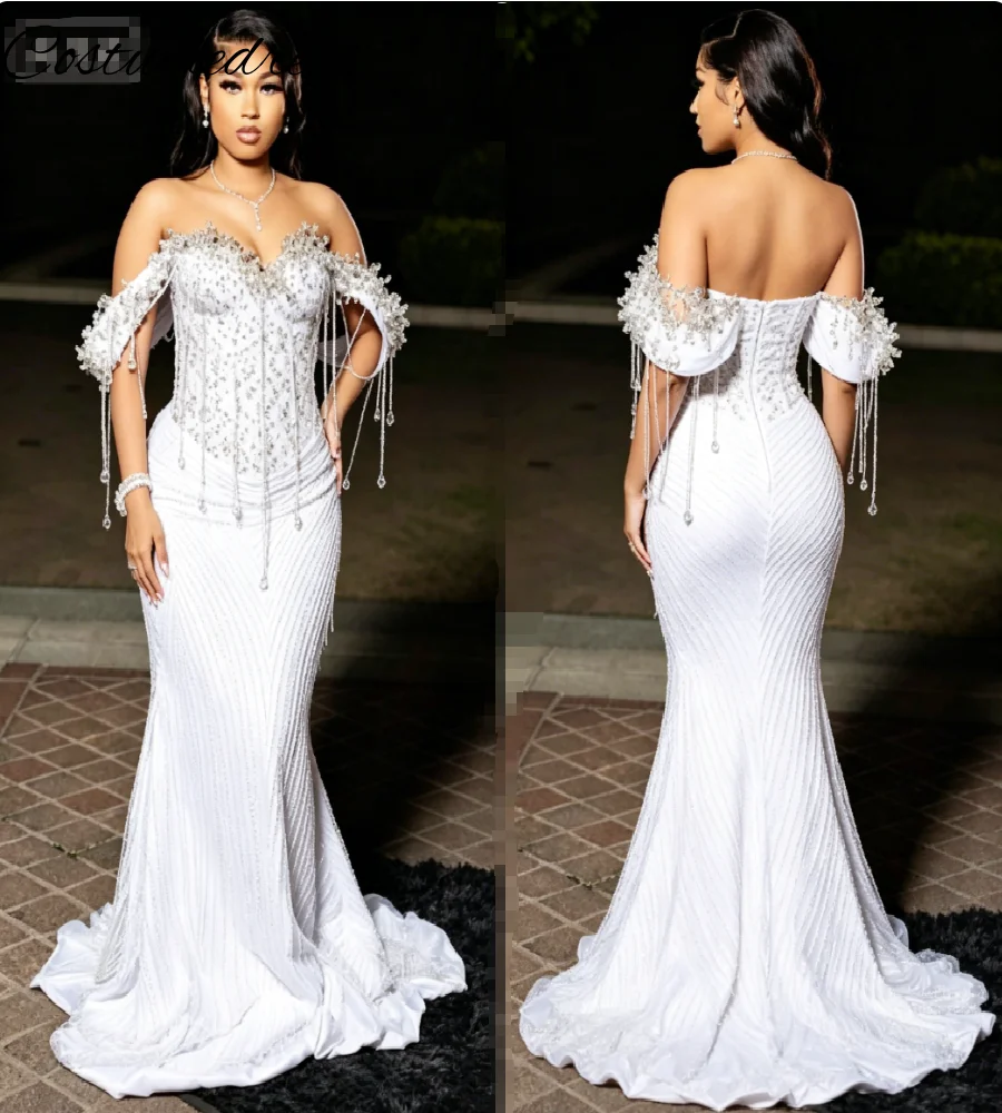 White Off Shoulder Mermaid Prom Dress Crystal Tassel Fringe Beaded Ruched Evening Gowns 2026 African Diamond Formal Birthday