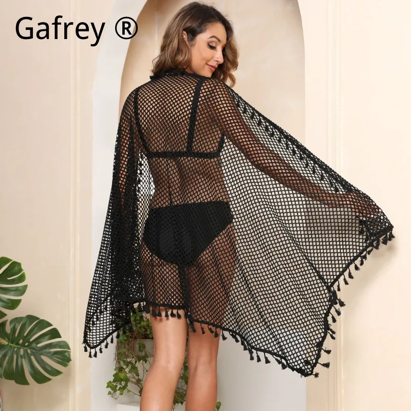 Women's Sheer Mesh Tassel Patchwork Beach Sarong, Irregular Wrap Skirt & Shawl for Summer Vacation & Swimwear Cover Up