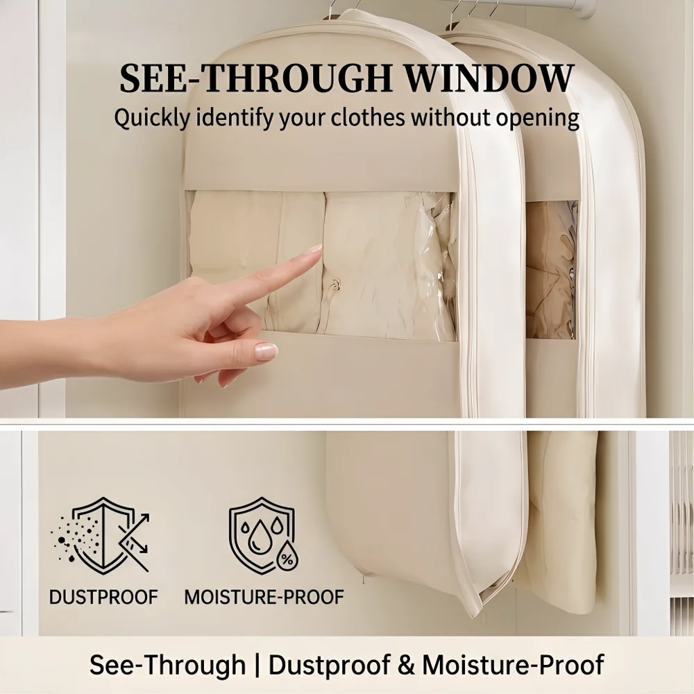 Beige Compression Hanging Bag, 40% Space-Saving Vacuum Seal, See-Through Storage with Durable Zipper for Winter Clothes