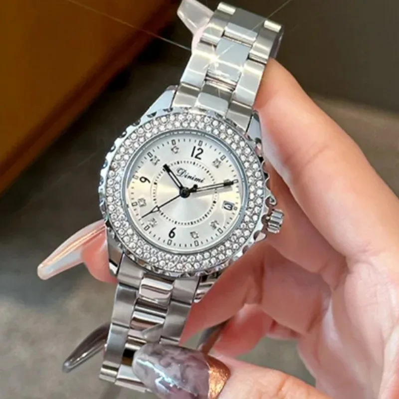 Zakelijke Vrouwen Kijken Prachtige Water Diamant Licht Luxe Vrouwen Quartz Polshorloges Waterdichte Stalen Bands Mode Relatiegeschenk