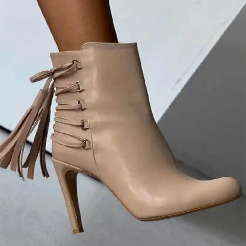 Autumn Women Nude Burgundy Black Leather Back Lace Up Tassel Ankle Boots Side Zipper Stiletto High Heel Fashion Short Booties