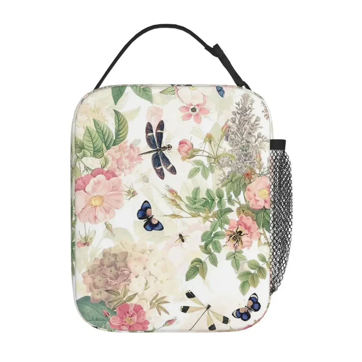 UtART Vintage Roses Spring Flower And Early Insects Botanical Insulated Lunch Bag Food Box Tote Portable Lunch Boxes Container
