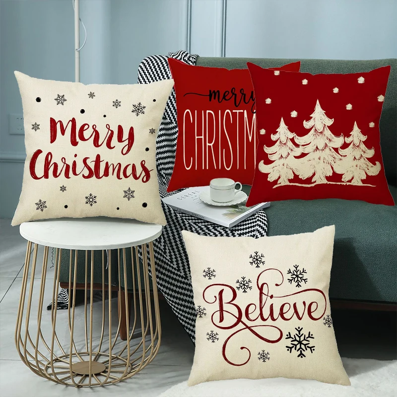 Christmas Snowman Pillow Case Linen Cloth Printing Xmas Tree Cushion Cover New Year Ornament Living Room Bedroom Sofa Decoration