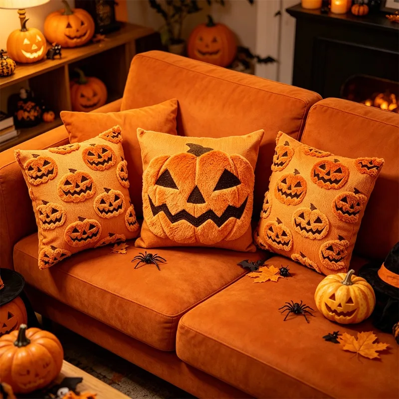 Halloween Quilted Pumpkin Pillow Cover Festive Sofa Home Decor Cushion Large Backrest Pillowcase For Bed