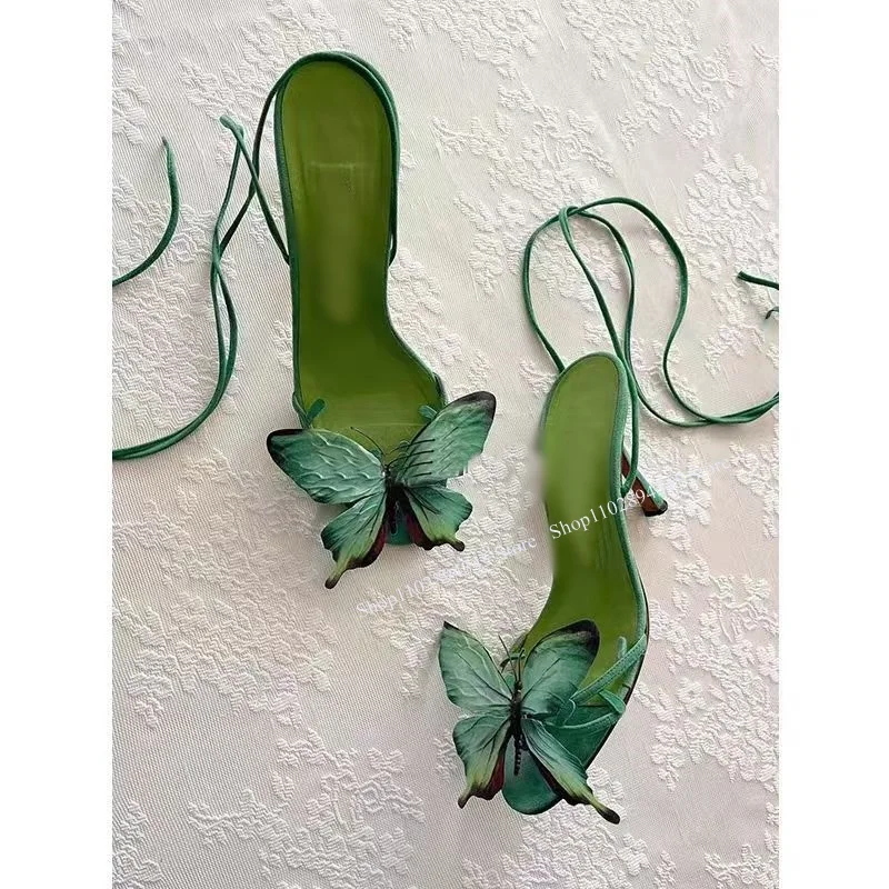 Green Lace Up Butterfly Sandals Thin High Heel Peep Toe Hollow Fashionable Sexy Cool Western Summer Woman Shoes Zapatillas Mujer