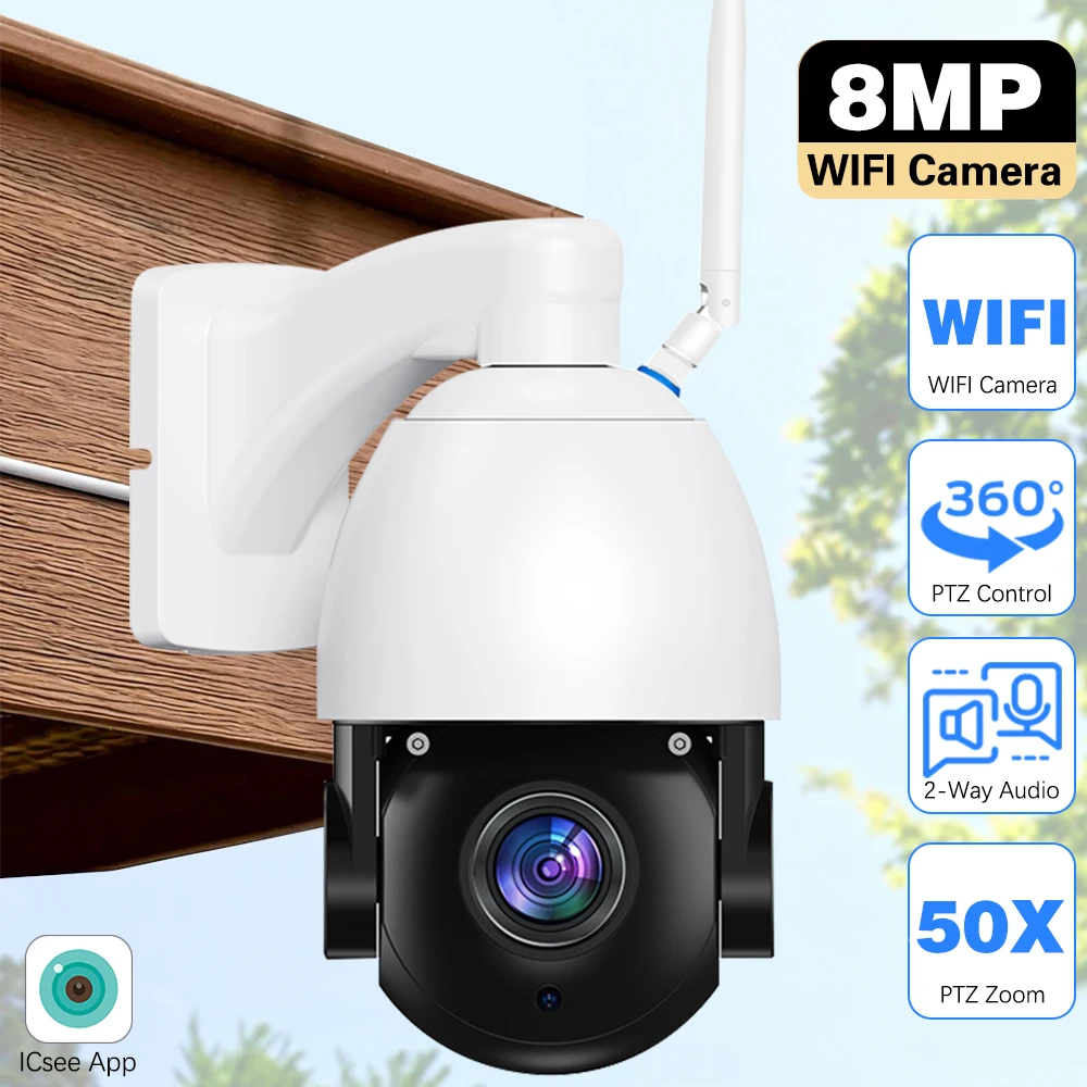 8MP 4K 50X Zoom PTZ IP Camera WiFi CCTV Outdoor Motion Alarm Speed Dome Two-Way Audio 150M IR Distance Surveillance Camera ICSee