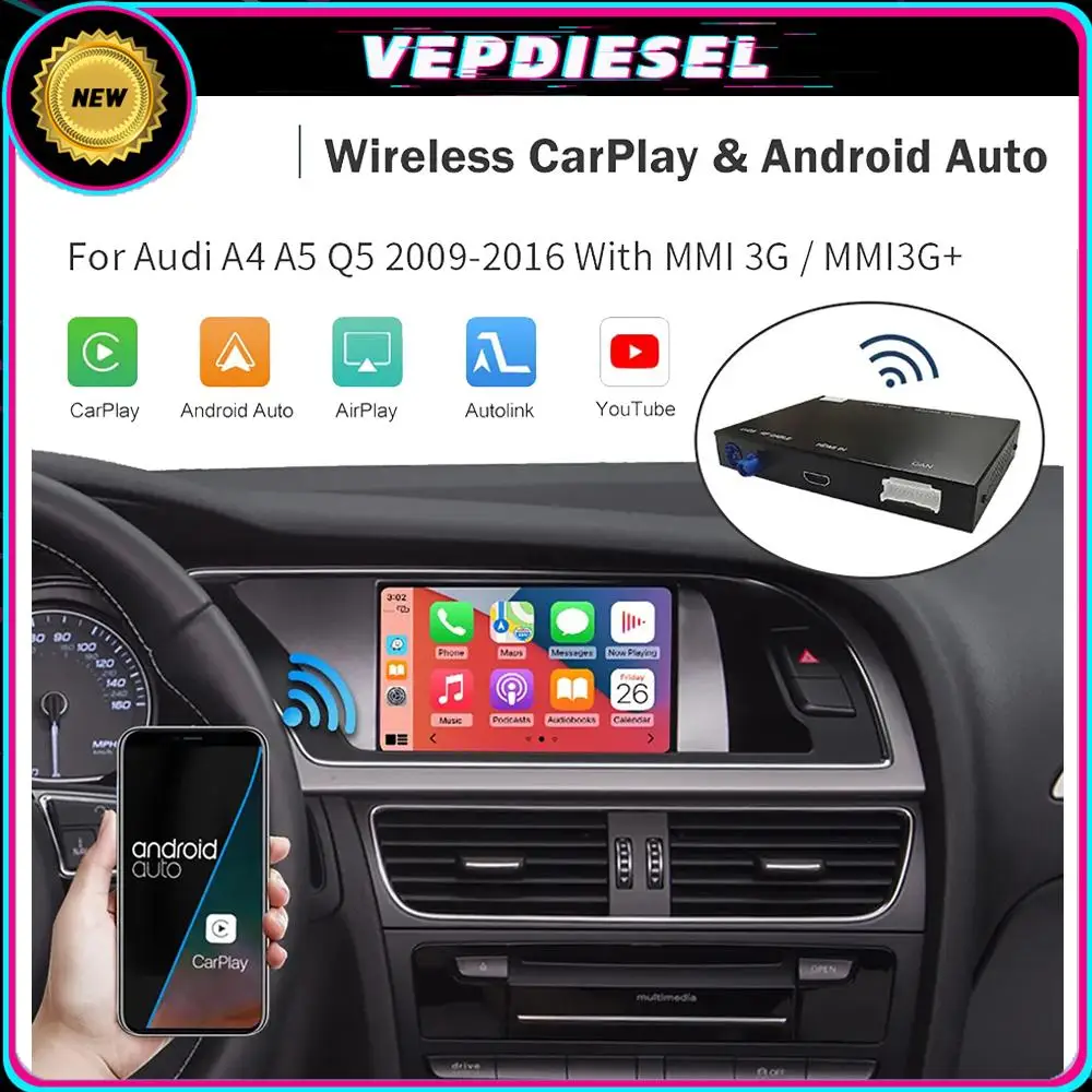 New Wireless CarPlay Android Auto Interface for Audi A4 B8 A5 Q5 2009-2015 with AirPlay Mirror Link Car Play Functions