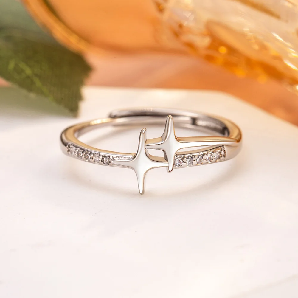 

925 Sterling Silver Personality Fashion Gemini Four Stars Cross Row Zirconium Ring Birthday Party Anniversary Gift