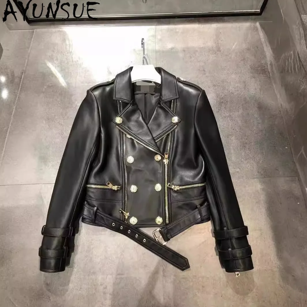 AYUNSUE Giacca in vera pelle per donna 2025 Pelle di pecora nera Donna Moto Giubbotti Primavera Autunno Abbigliamento │ ngaха Жiichtха Ж misce