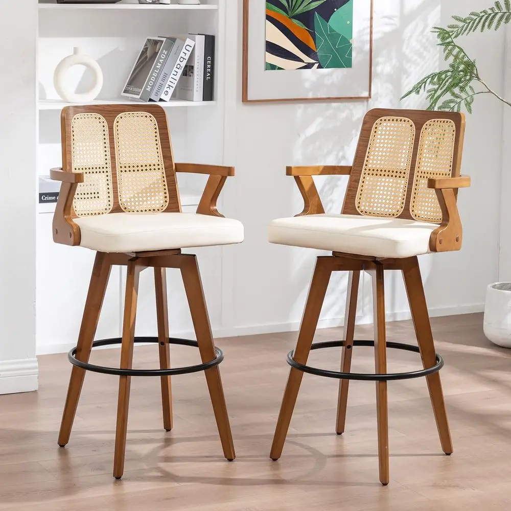 

of 2 Mid Century Modern Bar Stools 30 inch Swivel Rattan bar stools with Cane Back, Walnut Craftsmanship, Upholstered Faux Leat