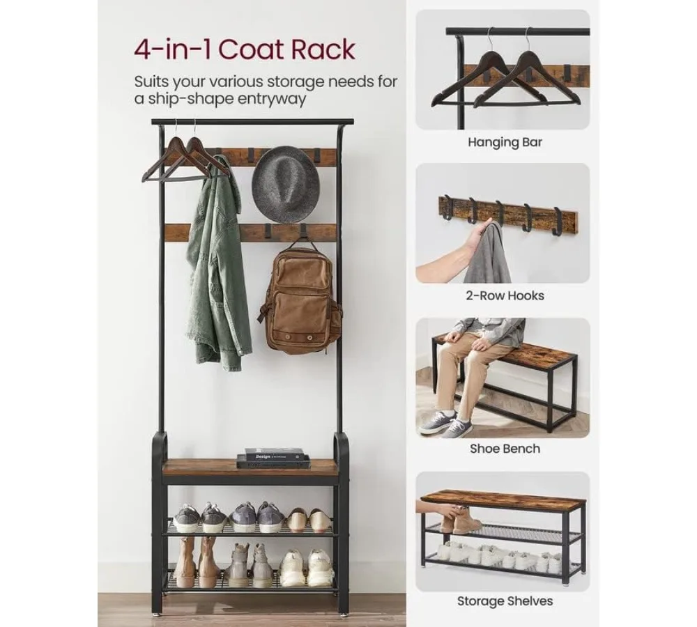 شجرة قاعة المدخل 4 في 1 مع مقعد أحذية، رف معطف وتخزين، بني ريفي وأسود، سهلة التجميع #3