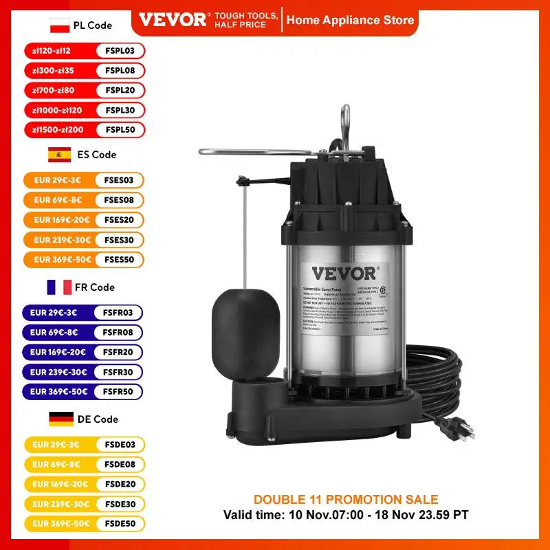 VEVOR Sump Pump,1/2 HP 3960 GPH,Submersible Stainless Steel Water Pump,1-1/2