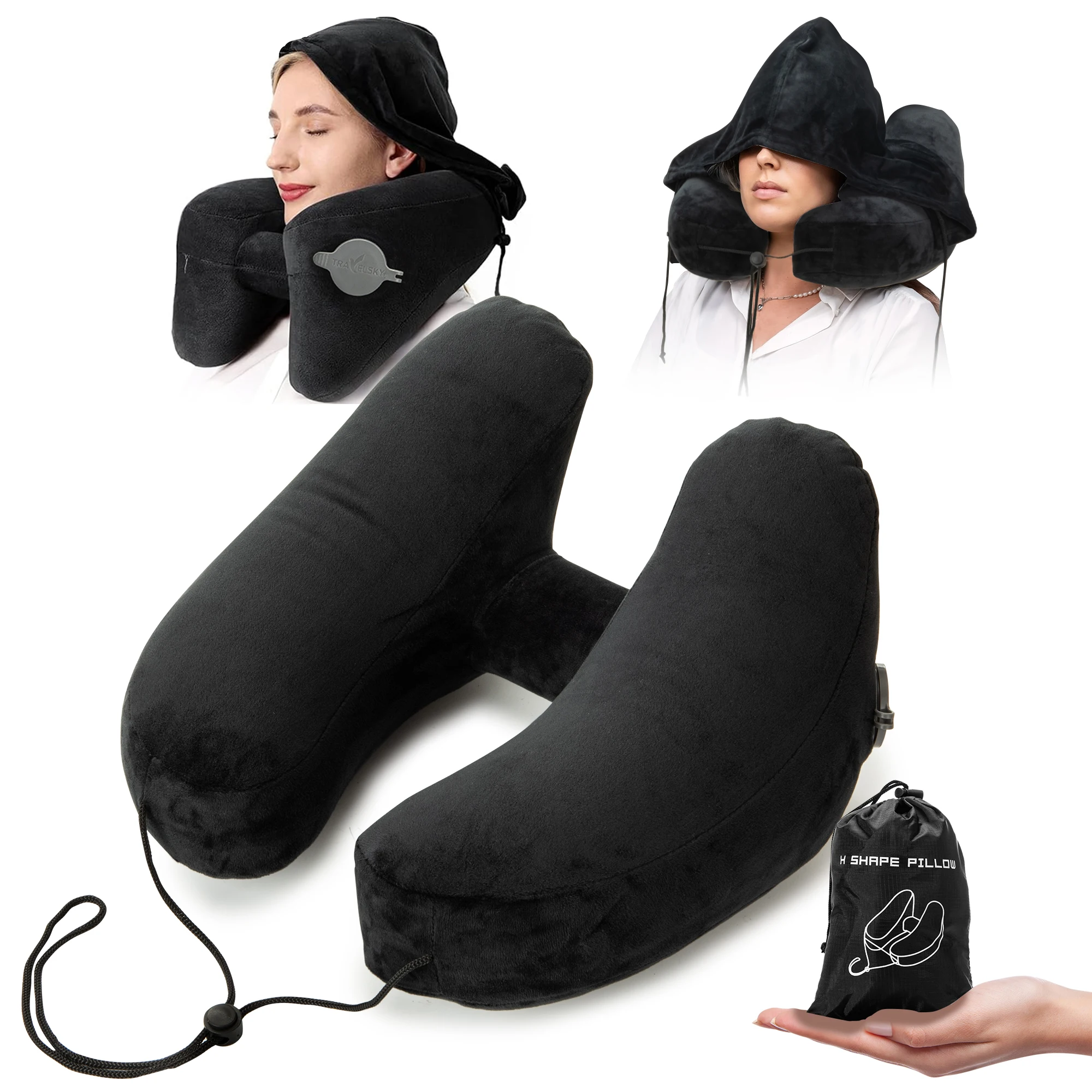 

Дорожная подушка, надувная подушка для шеи для путешествий, дорожная подушка для шеи с капюшоном для сна в самолете