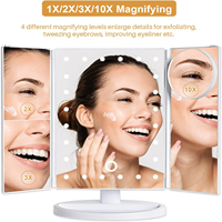 Portable Travel Tri-Fold Vanity Mirror with LED Lights, Dual Power, Touch Control, 1X/2X/3X Magnification, 10x Small Lens - Fold