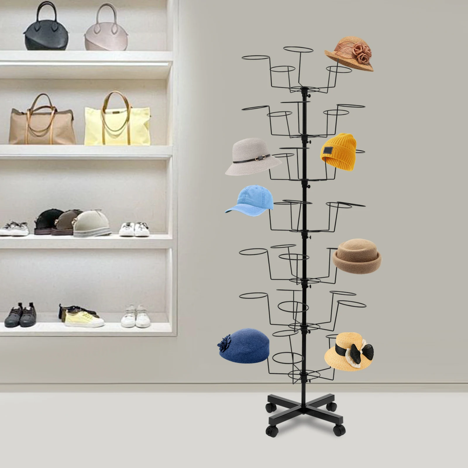 

7-tier 4.92ft High Pole Hat Rack with Each with 5 Hat Holders and Stable Base for Organizing Multiple, Cowboy, Baseball Hats