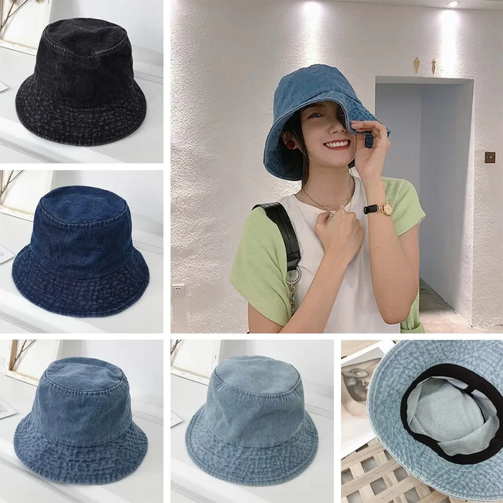 Unisex Cotton Bucket Hats Women Summer Sunscreen Panama Hat Men Denim Fabric Sunbonnet Outdoor Fisherman Hat Beach Cap