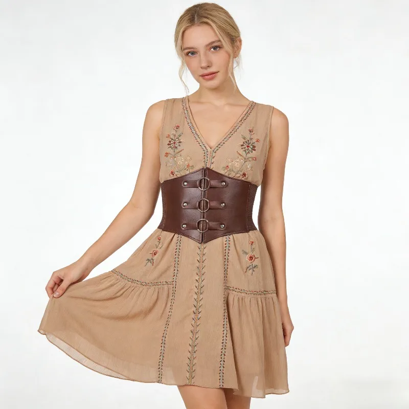Vintage Brown Wide Waist Belt | Elastic, Non-textile Material, Ideal for Cosplay and Casual Outings