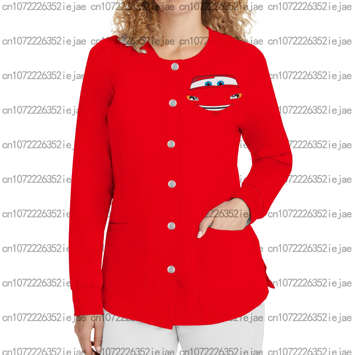 مطبوعة ماكوين البرق سيارة طاقم الرقبة طويلة الأكمام زر متجمد سترة الأسنان الحيوانات الأليفة متجر صالون تجميل موحدة ركاب سترة