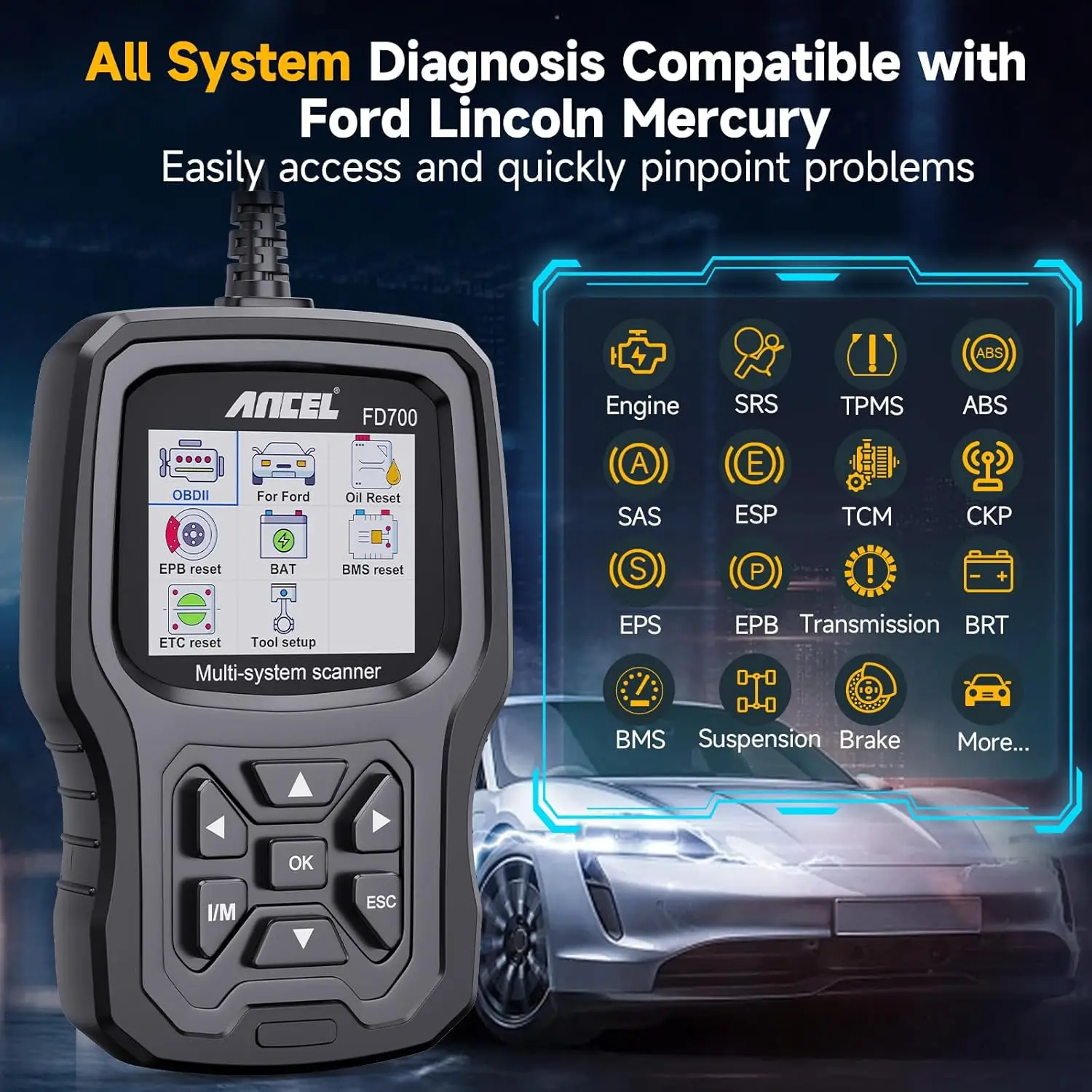 ANCEL FD700 OBD2 Scanner  for Ford Full System Code Reader OBD 2 with Engine ABS SRS EPB/Throttle Oil Reset Car Diagnostic Tool